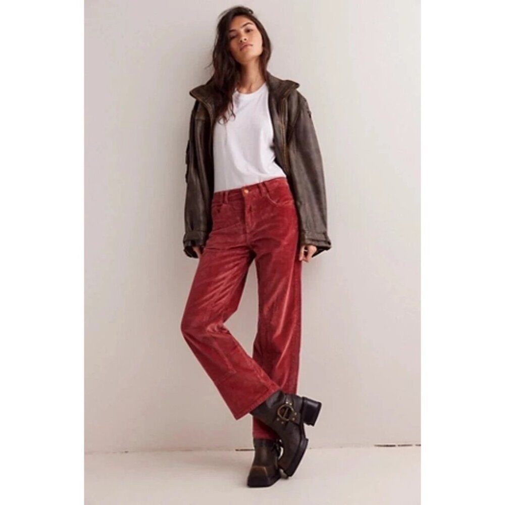 We The Free Riser Taker High Rise Straight Corduroy Pants Wine Womens 28